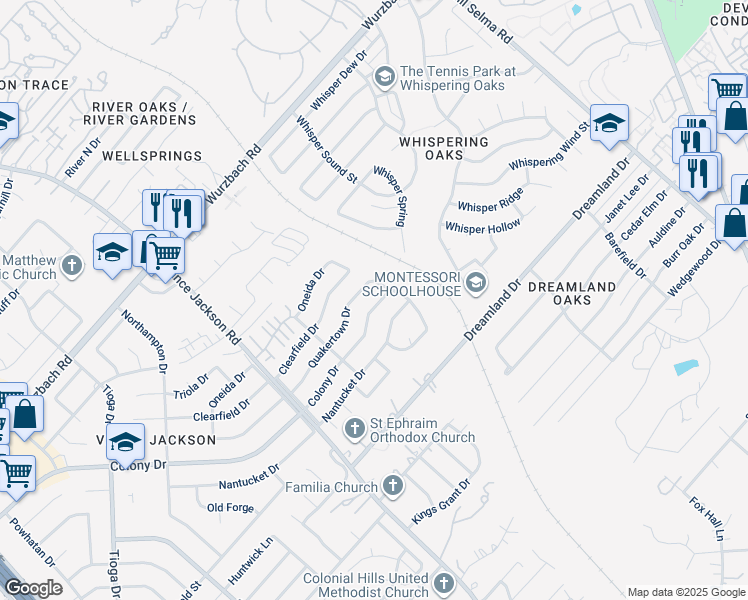 map of restaurants, bars, coffee shops, grocery stores, and more near 3001 Quakertown Drive in San Antonio