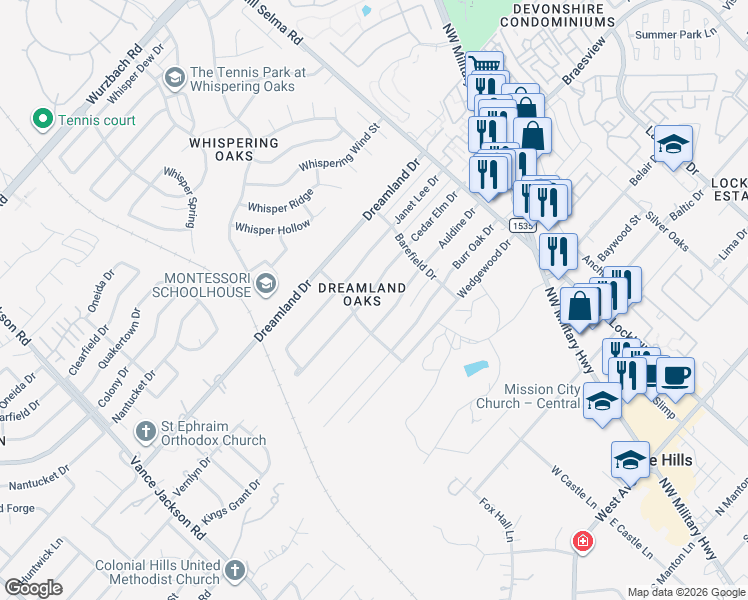 map of restaurants, bars, coffee shops, grocery stores, and more near 10819 Cedar Elm Drive in San Antonio