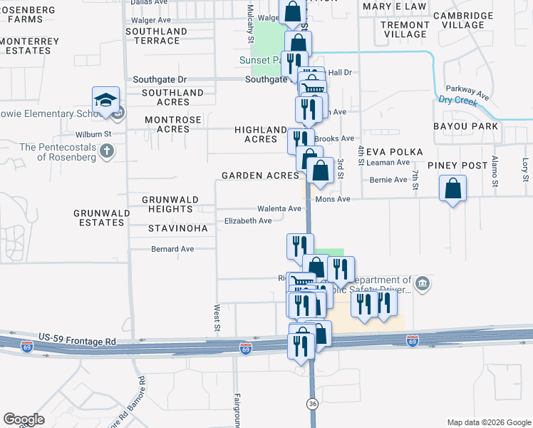 map of restaurants, bars, coffee shops, grocery stores, and more near 1525 Walenta Avenue in Rosenberg