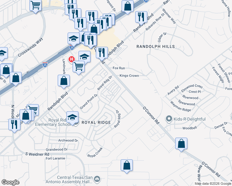 map of restaurants, bars, coffee shops, grocery stores, and more near 10937 Crown Park in San Antonio