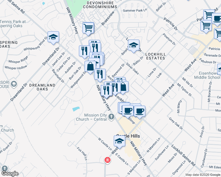 map of restaurants, bars, coffee shops, grocery stores, and more near 10819 Baltic Drive in San Antonio