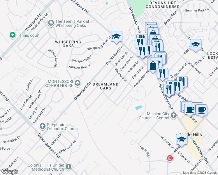 map of restaurants, bars, coffee shops, grocery stores, and more near 10819 Cedar Elm Drive in San Antonio