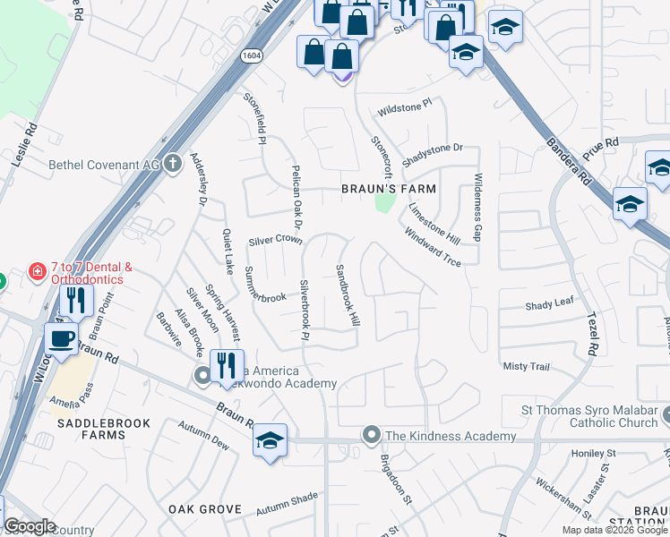 map of restaurants, bars, coffee shops, grocery stores, and more near 10219 Sandbrook Hill in San Antonio