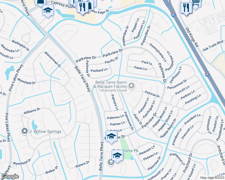 map of restaurants, bars, coffee shops, grocery stores, and more near 38 Palmyra Lane in Palm Coast