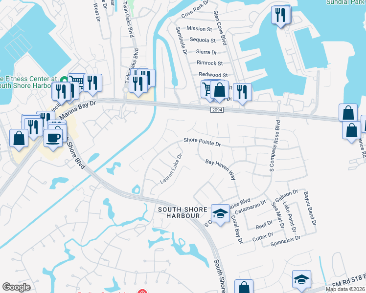 map of restaurants, bars, coffee shops, grocery stores, and more near 2002 Charter Pointe Court in League City