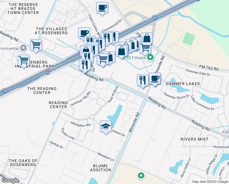 map of restaurants, bars, coffee shops, grocery stores, and more near 616 Park Place Boulevard in Rosenberg
