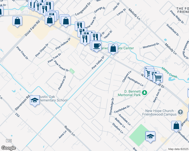 map of restaurants, bars, coffee shops, grocery stores, and more near 3609 Pine Valley Drive in Pearland