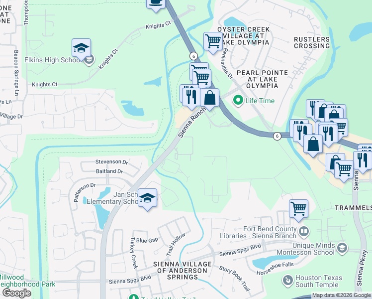 map of restaurants, bars, coffee shops, grocery stores, and more near 6303 Sienna Ranch Road in Missouri City