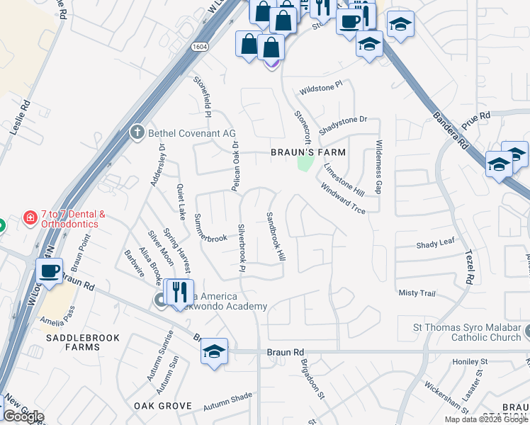 map of restaurants, bars, coffee shops, grocery stores, and more near 10219 Sandbrook Hill in San Antonio