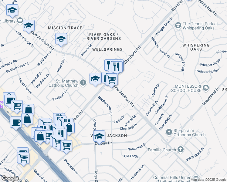 map of restaurants, bars, coffee shops, grocery stores, and more near 6106 Vance Jackson Road in San Antonio