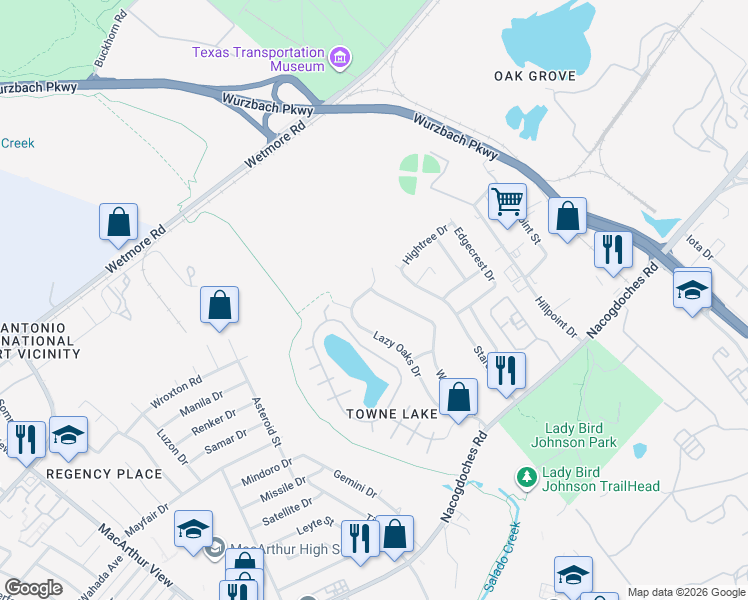 map of restaurants, bars, coffee shops, grocery stores, and more near 10919 Wayward Drive in San Antonio