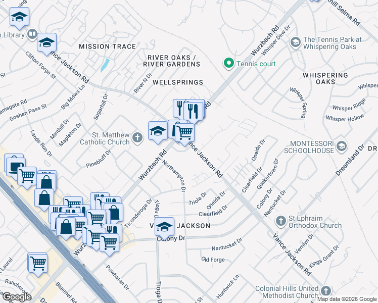 map of restaurants, bars, coffee shops, grocery stores, and more near 6106 Vance Jackson Road in San Antonio