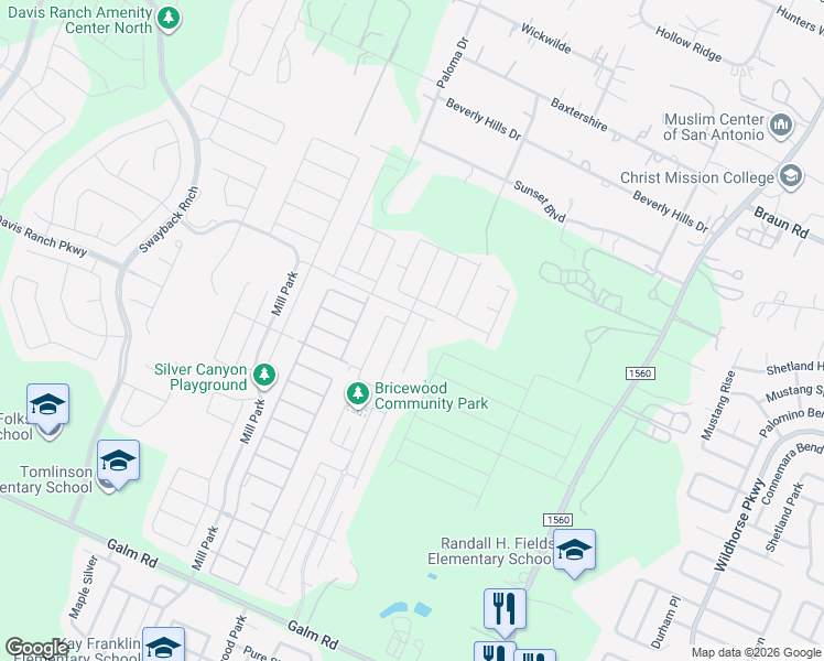 map of restaurants, bars, coffee shops, grocery stores, and more near 11603 Bricewood View in San Antonio