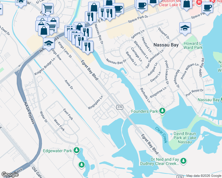 map of restaurants, bars, coffee shops, grocery stores, and more near 18617 Egret Bay Boulevard in Houston