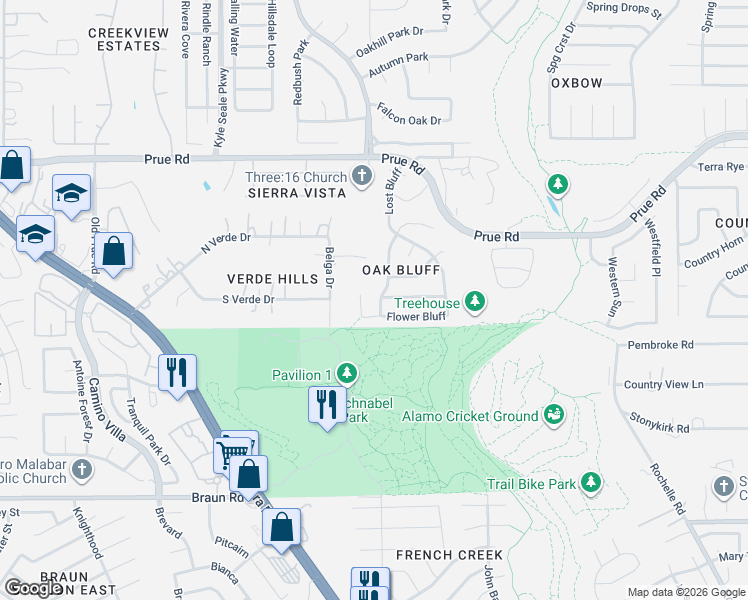 map of restaurants, bars, coffee shops, grocery stores, and more near 10223 Arbor Bluff in San Antonio