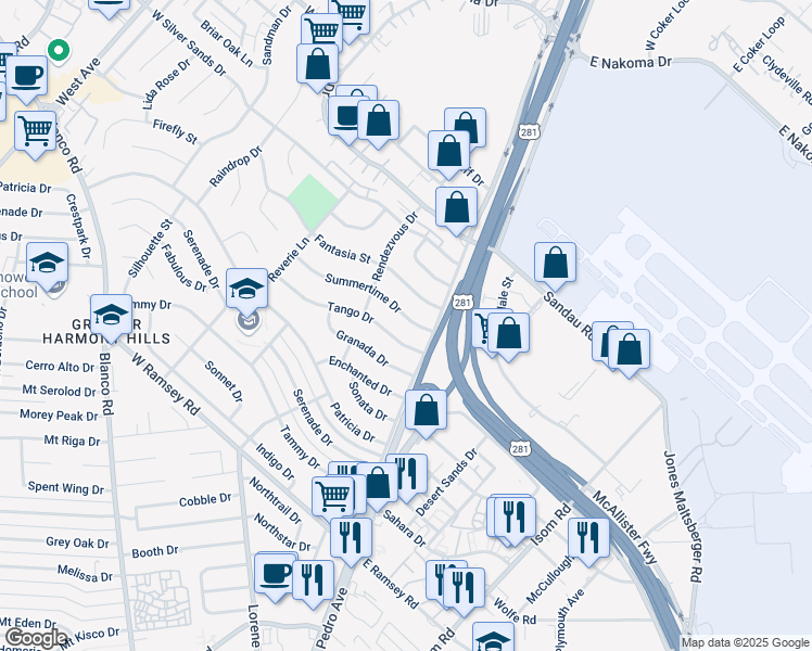 map of restaurants, bars, coffee shops, grocery stores, and more near 119 Summertime Drive in San Antonio