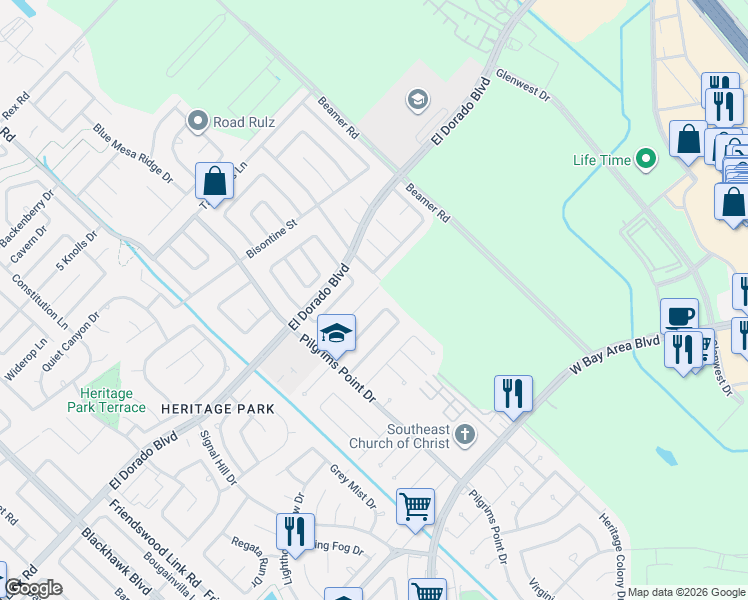 map of restaurants, bars, coffee shops, grocery stores, and more near 2303 Webster Ranch Road in Friendswood