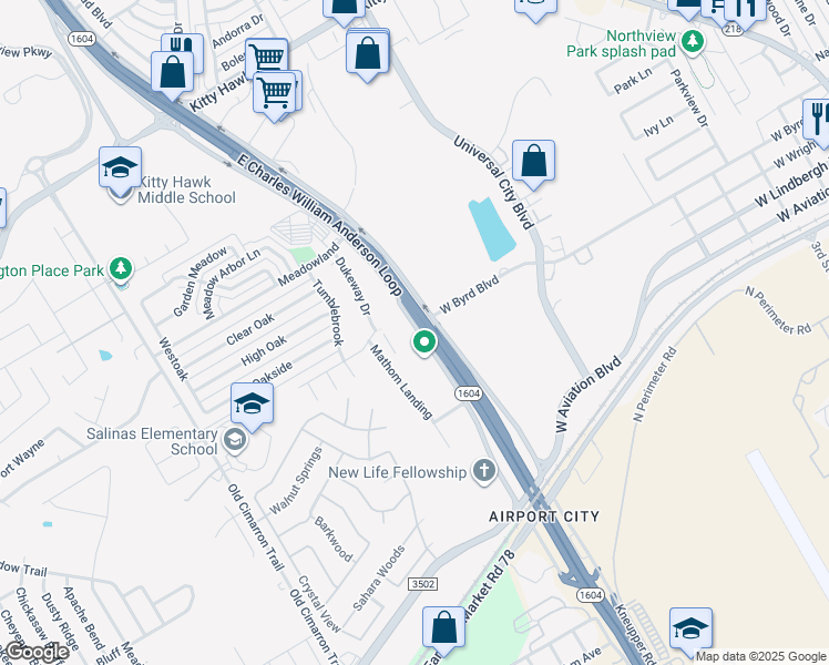 map of restaurants, bars, coffee shops, grocery stores, and more near 11503 East Loop 1604 North in Universal City