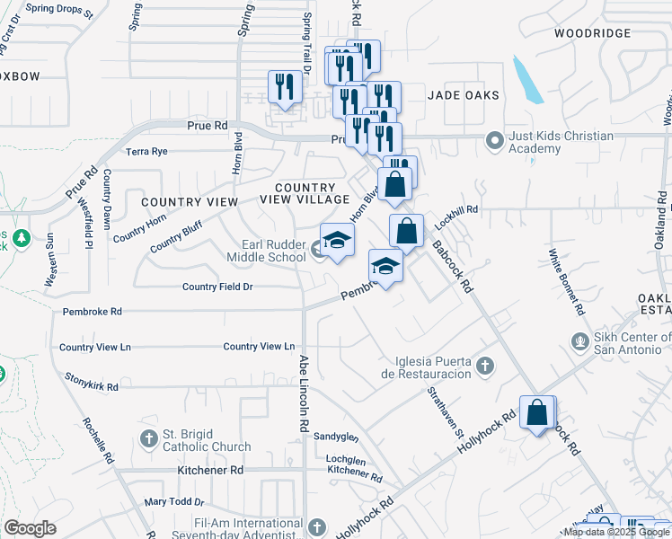 map of restaurants, bars, coffee shops, grocery stores, and more near 6558 Horn Boulevard in San Antonio