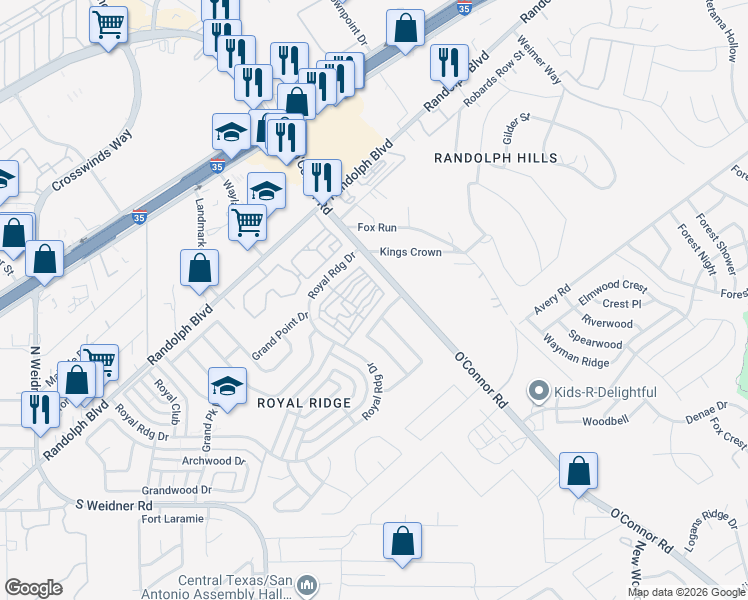map of restaurants, bars, coffee shops, grocery stores, and more near 6423 Antares Park in San Antonio