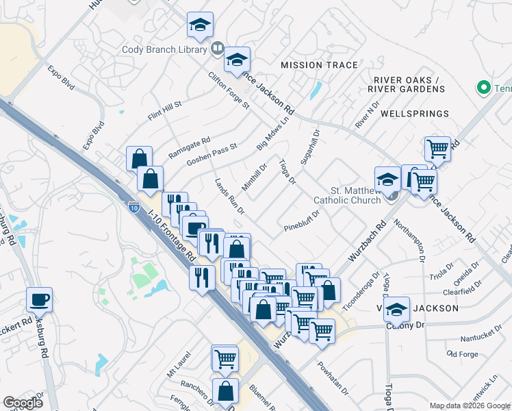 map of restaurants, bars, coffee shops, grocery stores, and more near 10807 Pinehill Street in San Antonio