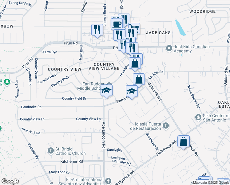 map of restaurants, bars, coffee shops, grocery stores, and more near 6558 Horn Boulevard in San Antonio