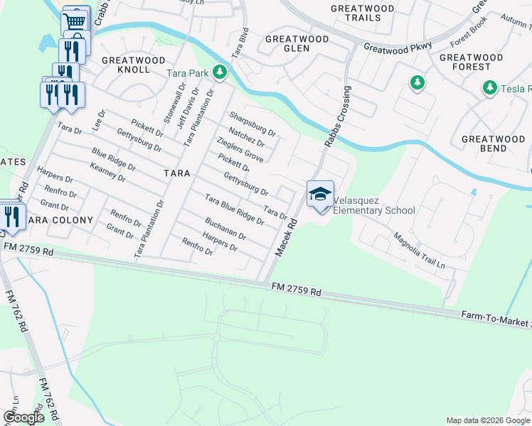 map of restaurants, bars, coffee shops, grocery stores, and more near 7303 Tara Drive in Richmond