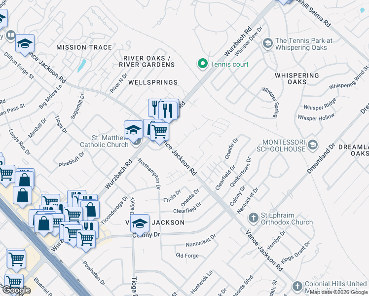 map of restaurants, bars, coffee shops, grocery stores, and more near 3338 Yorktown Drive in San Antonio