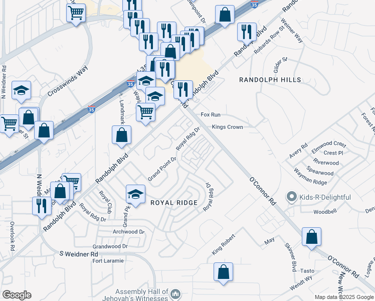 map of restaurants, bars, coffee shops, grocery stores, and more near 6743 Crown Ridge in San Antonio