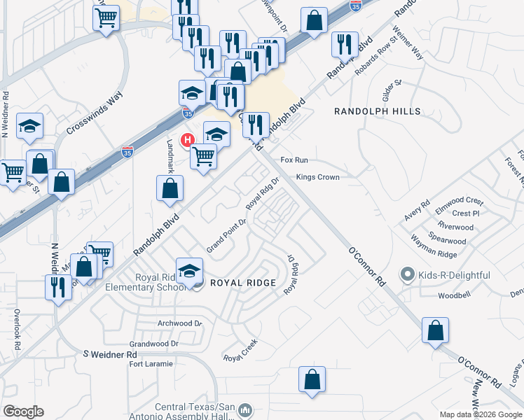map of restaurants, bars, coffee shops, grocery stores, and more near 6743 Crown Ridge in San Antonio