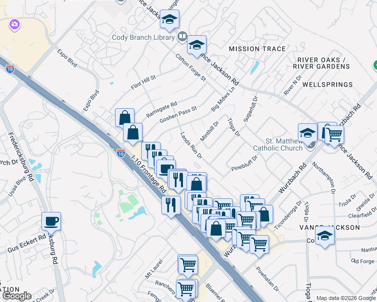 map of restaurants, bars, coffee shops, grocery stores, and more near 10811 Lands Run Drive in San Antonio