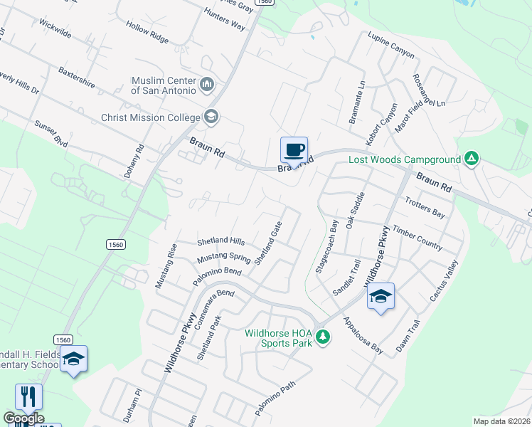map of restaurants, bars, coffee shops, grocery stores, and more near 10225 Shetland Gate in San Antonio
