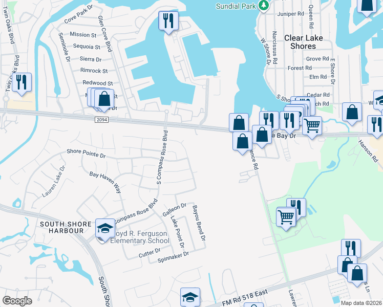 map of restaurants, bars, coffee shops, grocery stores, and more near 224 Sunset Ridge Drive in League City