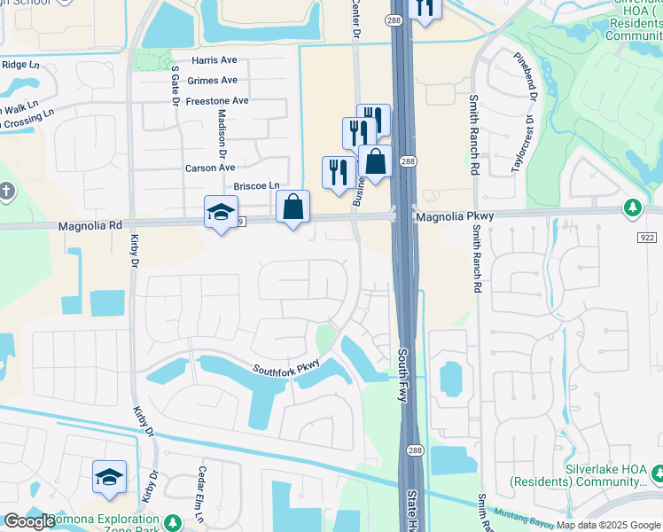 map of restaurants, bars, coffee shops, grocery stores, and more near 3122 Mustang Meadow Lane in Manvel