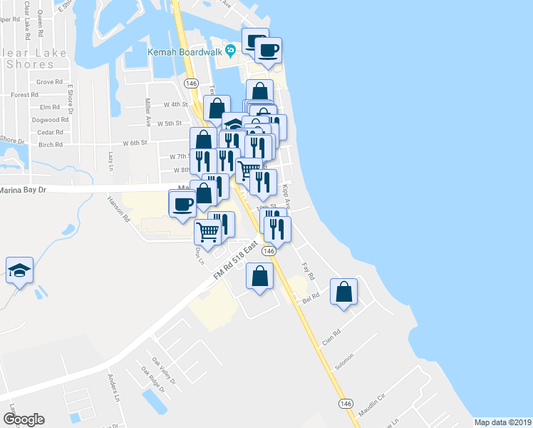 map of restaurants, bars, coffee shops, grocery stores, and more near 500 10th Street in Kemah