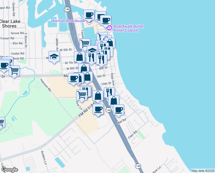 map of restaurants, bars, coffee shops, grocery stores, and more near 500 10th Street in Kemah