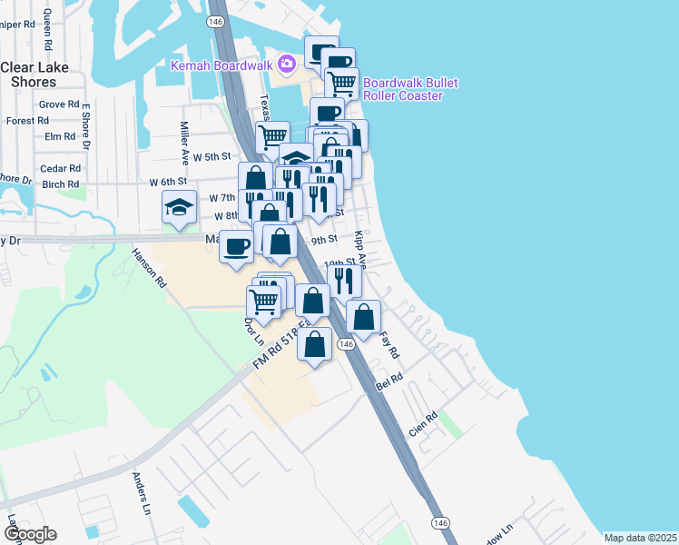 map of restaurants, bars, coffee shops, grocery stores, and more near 500 10th Street in Kemah
