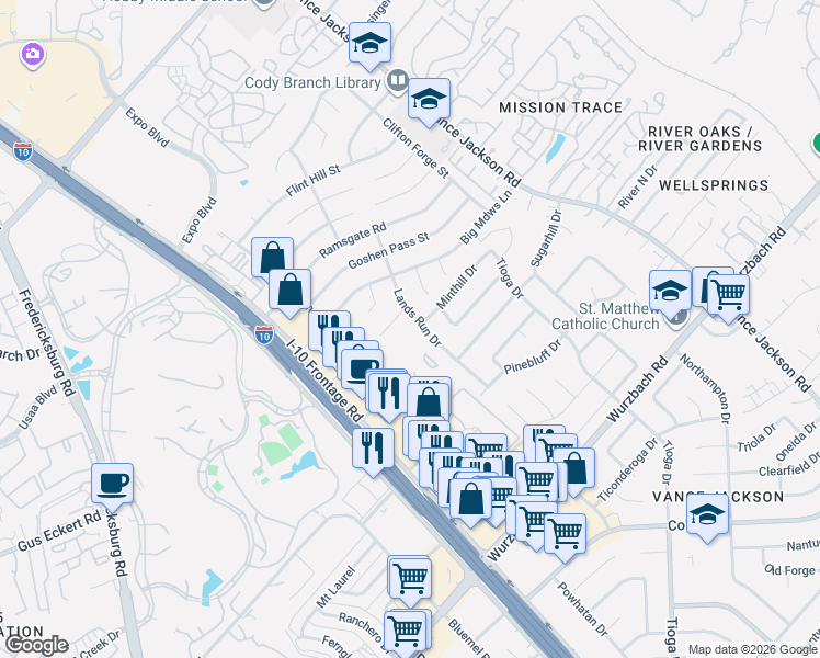 map of restaurants, bars, coffee shops, grocery stores, and more near 10811 Lands Run Drive in San Antonio