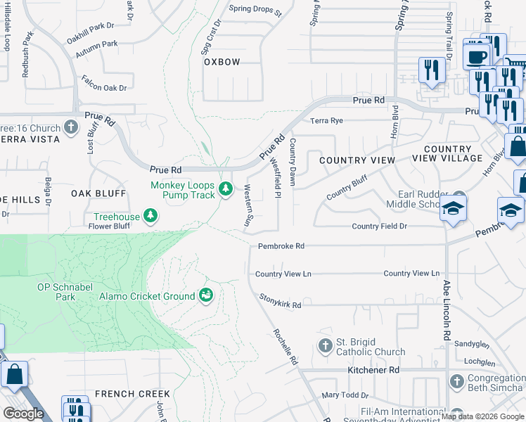 map of restaurants, bars, coffee shops, grocery stores, and more near 10415 Westfield Place in San Antonio