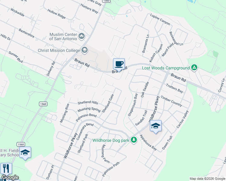 map of restaurants, bars, coffee shops, grocery stores, and more near 10242 Shetland Gate in San Antonio