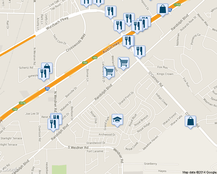 map of restaurants, bars, coffee shops, grocery stores, and more near 11100 Landmark 35 Drive in San Antonio