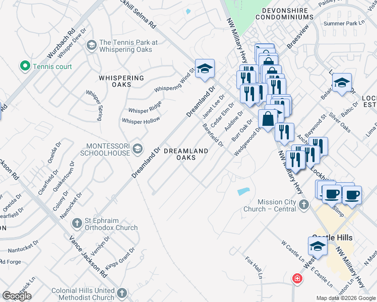 map of restaurants, bars, coffee shops, grocery stores, and more near 10819 Cedar Elm Drive in San Antonio