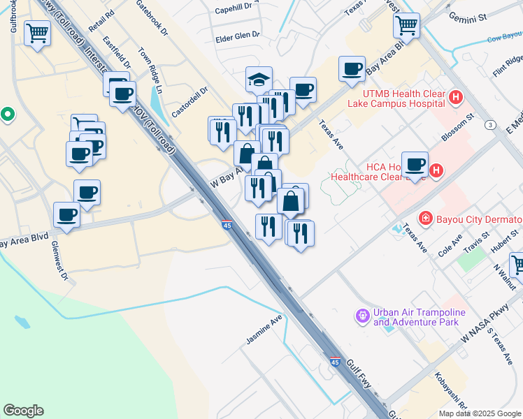 map of restaurants, bars, coffee shops, grocery stores, and more near 1001 Bay Area Boulevard in Webster