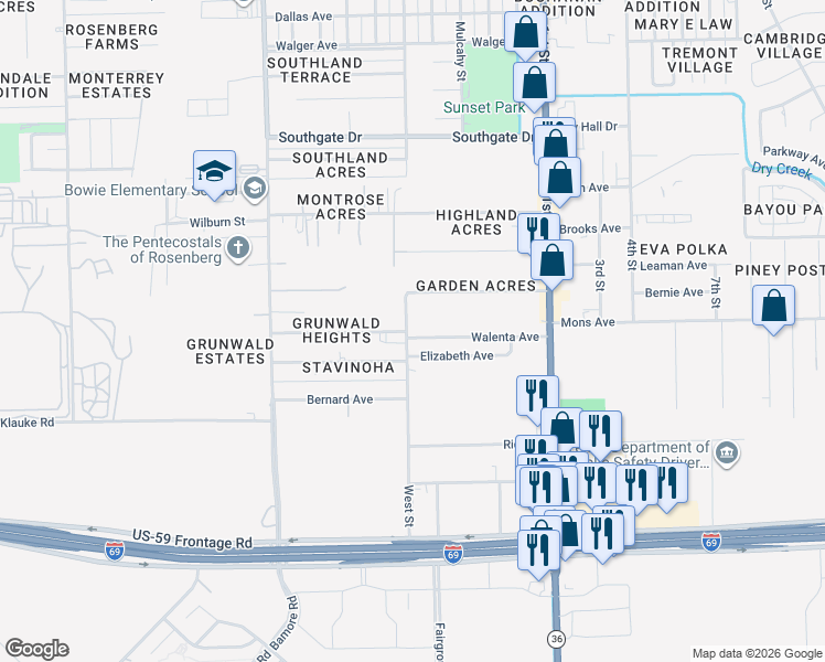 map of restaurants, bars, coffee shops, grocery stores, and more near 1305 Walenta Avenue in Rosenberg
