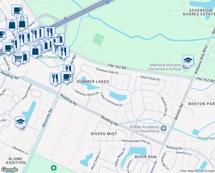 map of restaurants, bars, coffee shops, grocery stores, and more near 7814 Summer Night Lane in Rosenberg
