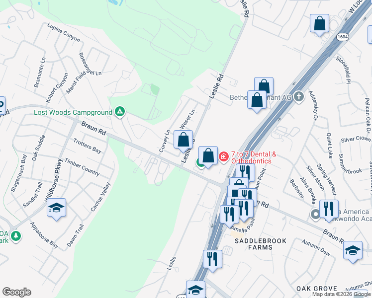 map of restaurants, bars, coffee shops, grocery stores, and more near 9811 Amberg Path in Helotes