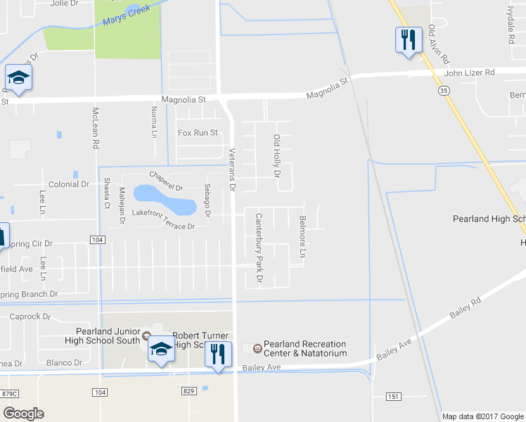 map of restaurants, bars, coffee shops, grocery stores, and more near 3601 Canterbury Park Drive in Pearland