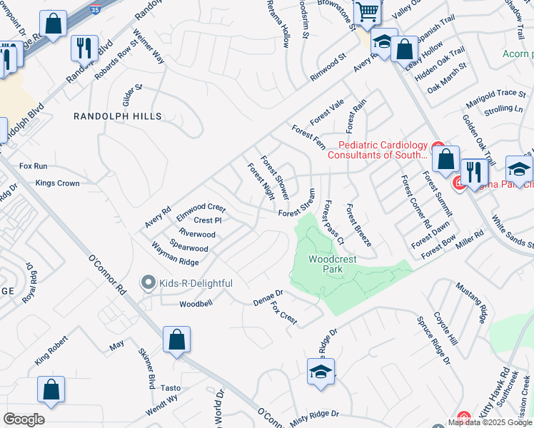 map of restaurants, bars, coffee shops, grocery stores, and more near 7504 Forest Stream in Live Oak