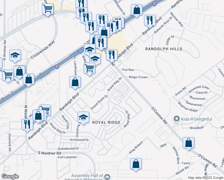 map of restaurants, bars, coffee shops, grocery stores, and more near 6743 Crown Ridge in San Antonio