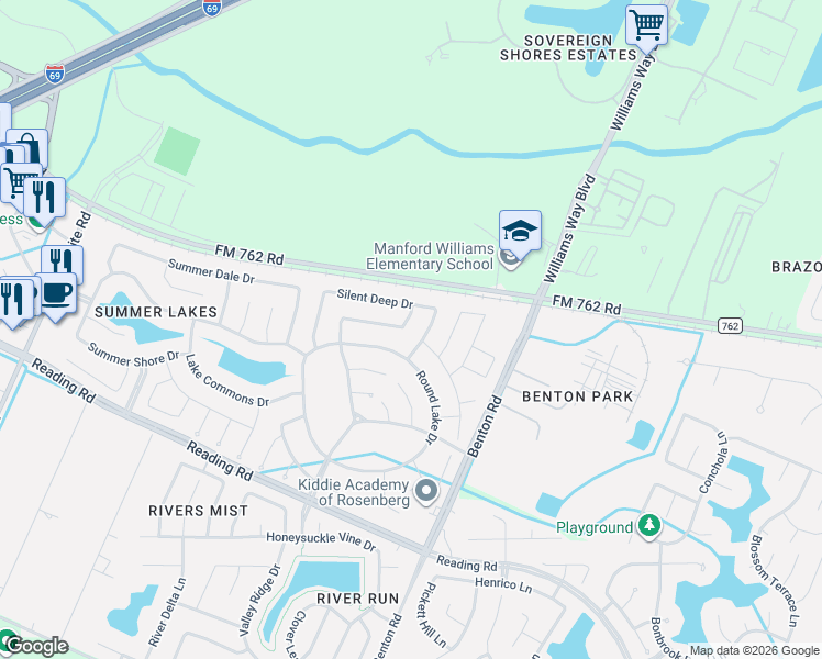 map of restaurants, bars, coffee shops, grocery stores, and more near 318 Lake Rim Drive in Rosenberg
